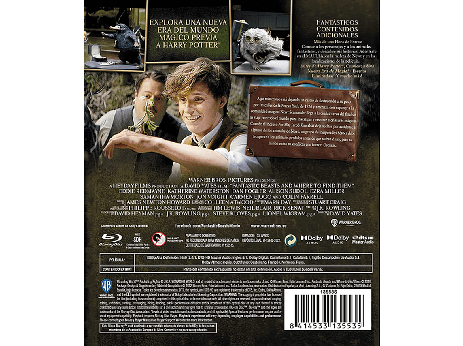 Contraportada de un DVD con texto e imágenes. La película 'Animales fantásticos y dónde encontrarlos'.