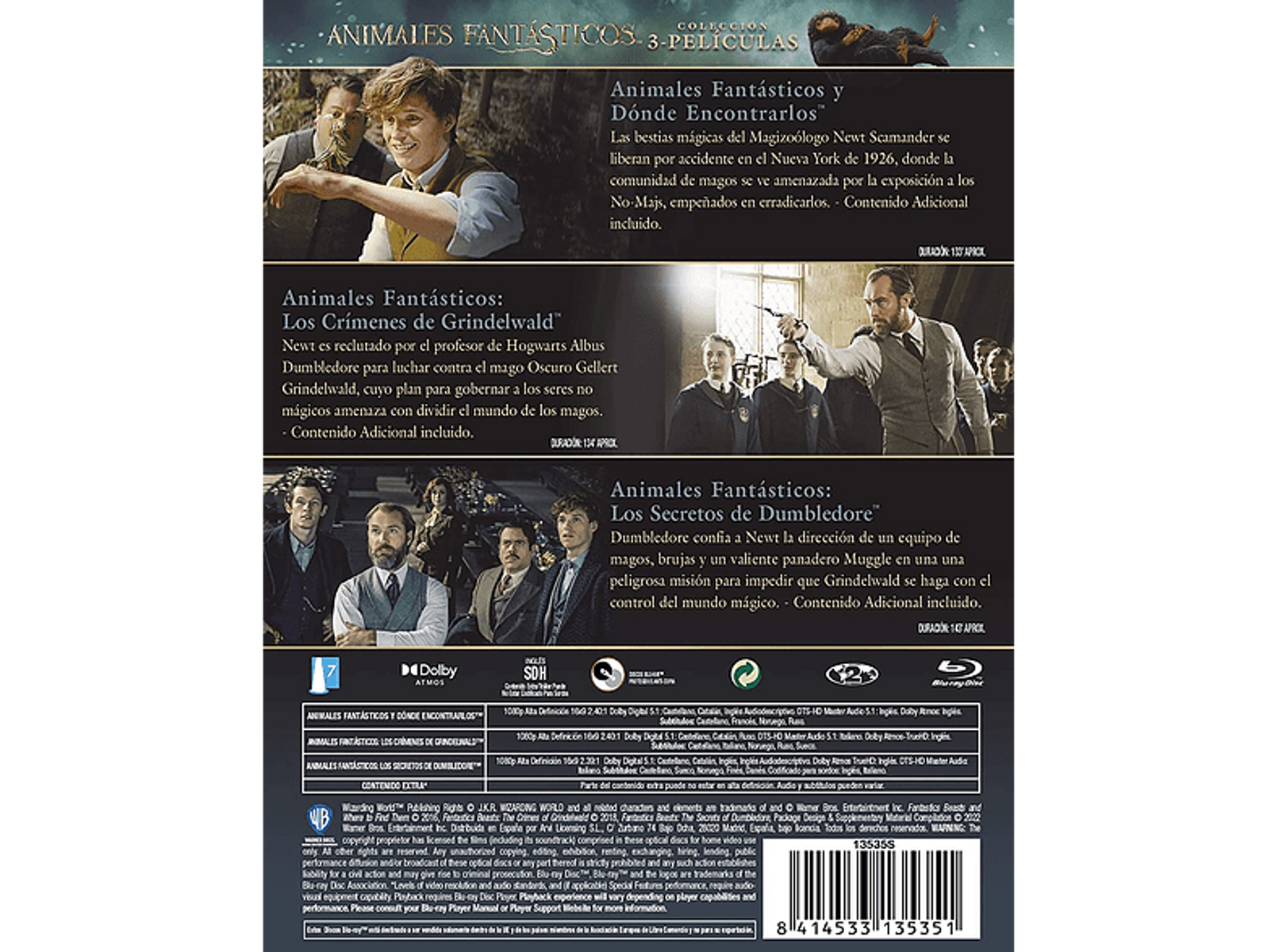 Contraportada de una caja de DVD con texto e imágenes relacionadas con las películas de Animales Fantásticos.