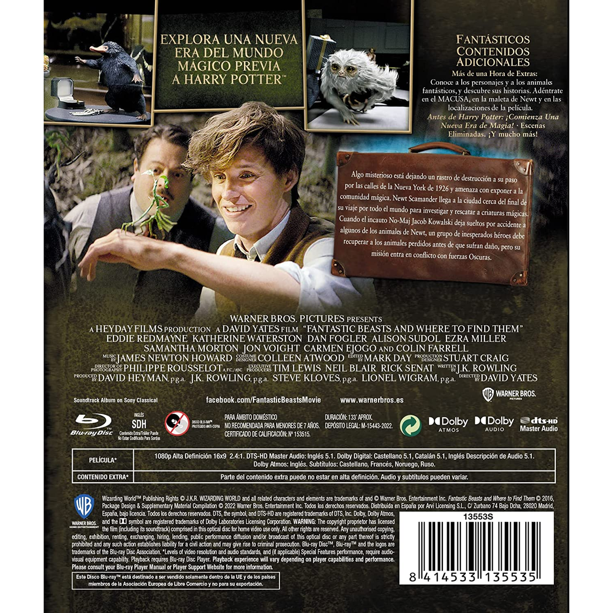 Portada de DVD de Animales fantásticos y dónde encontrarlos. Presenta a Newt Scamander y otros personajes.