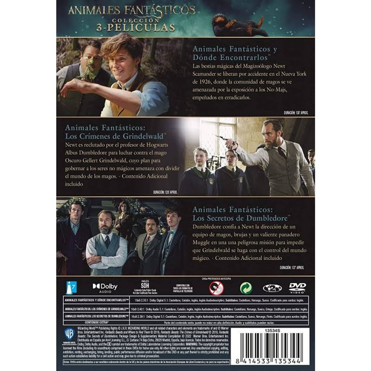 Caja de DVD: Colección Animales Fantásticos, imágenes de personajes.