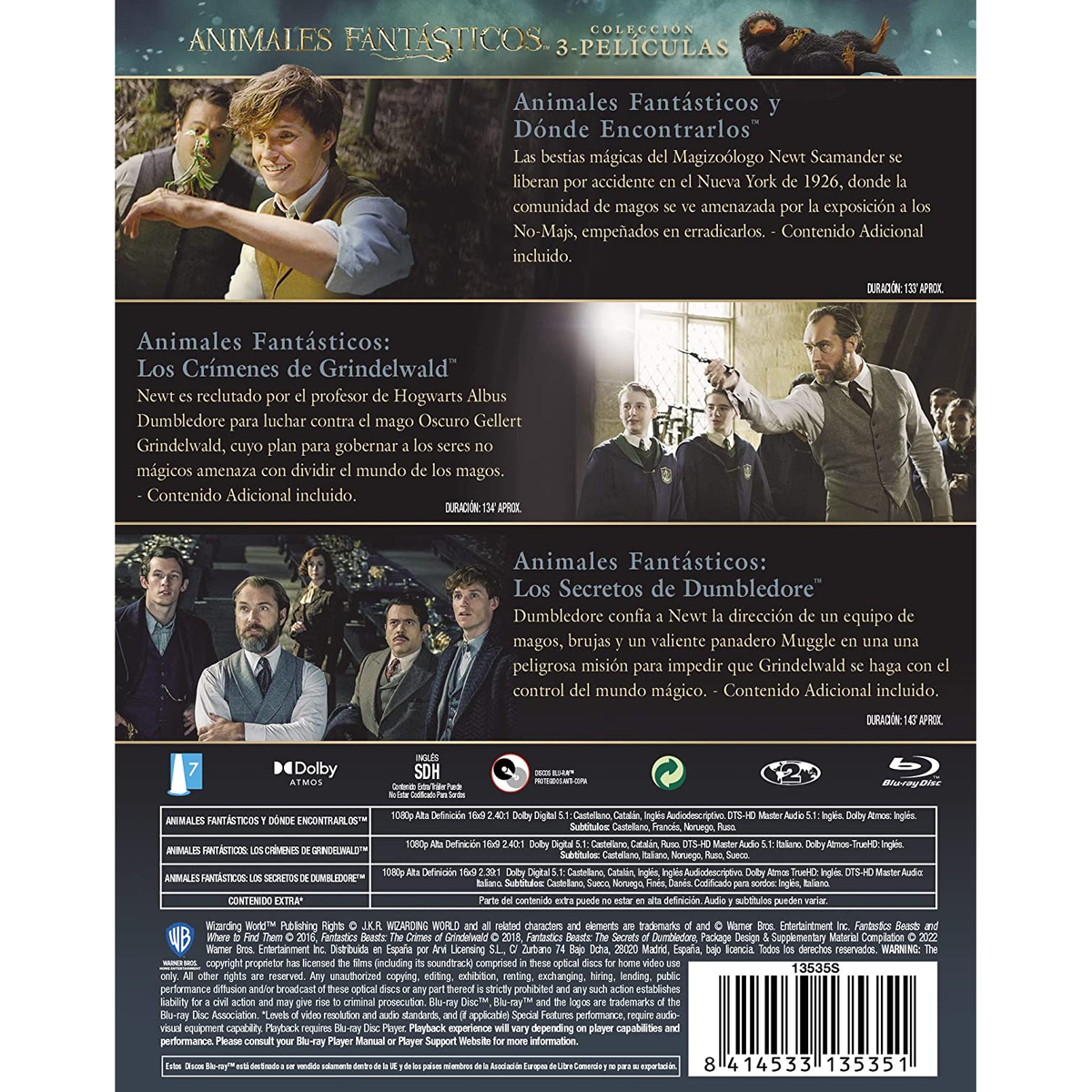 Caja de DVD de la película 'Animales Fantásticos'. Actores en la parte trasera.