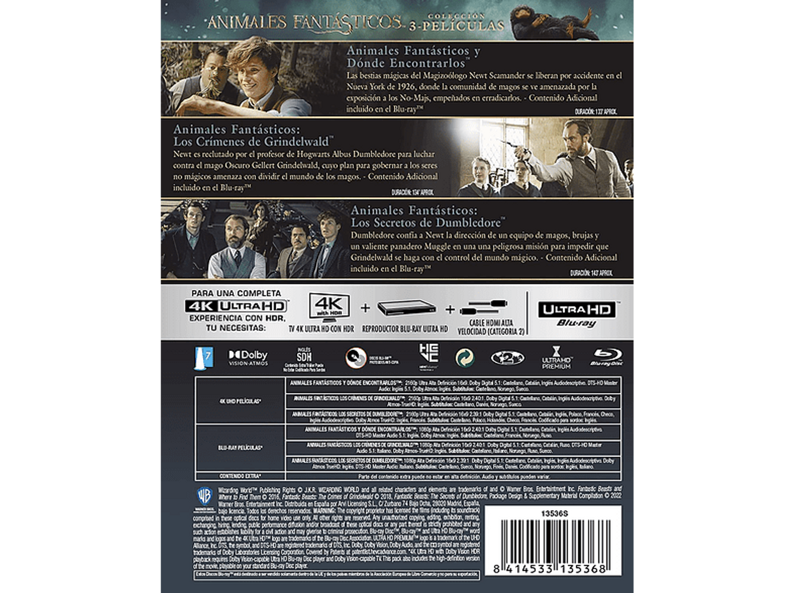 Contraportada de un estuche Blu-ray con detalles de las películas Animales Fantásticos.