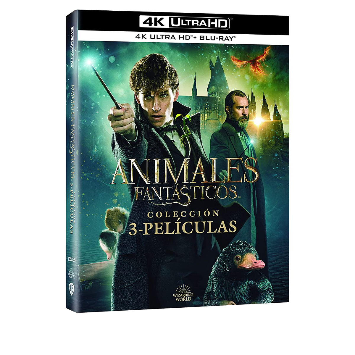 Caja de películas de Animales Fantásticos. Presenta actores, una varita y el título de la película.