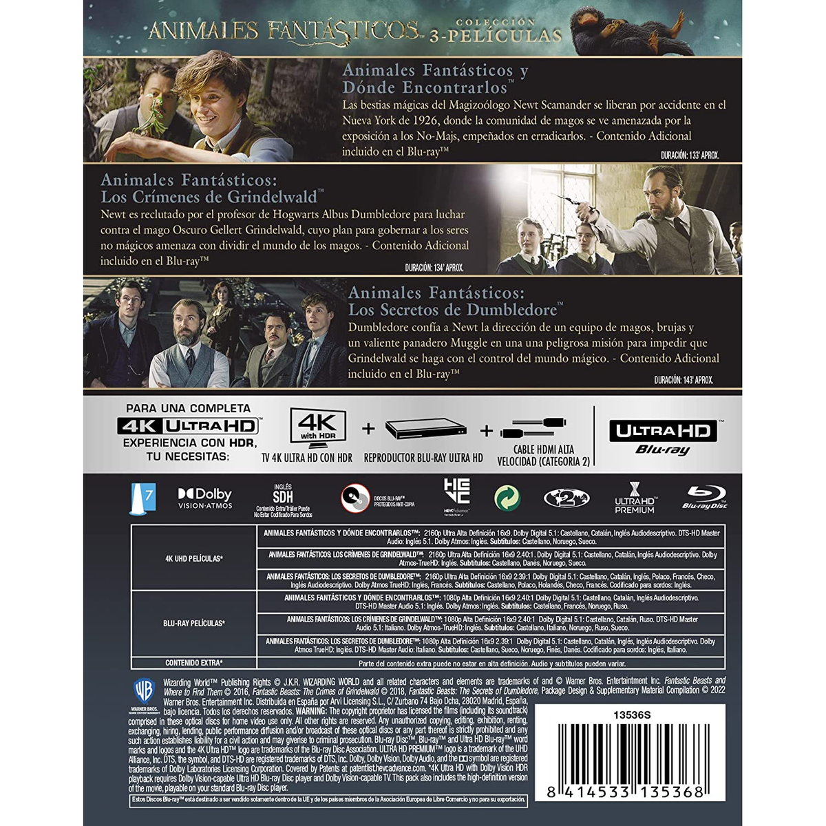 Portada de la película: Animales fantásticos. Personajes en primer plano. Texto y título al fondo.
