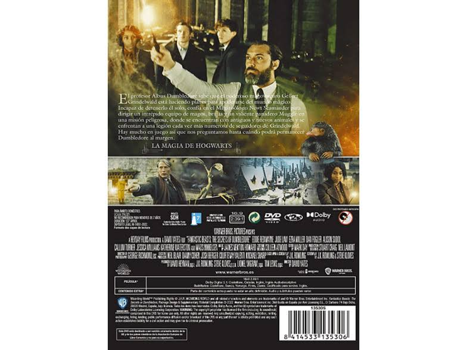 Parte trasera de una caja de DVD de Animales Fantásticos. Texto e imágenes de personajes visibles.