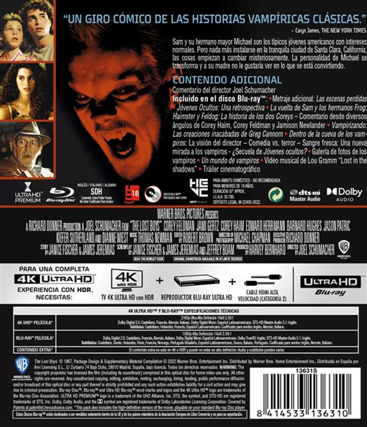 Portada de Blu-ray de 'The Lost Boys'. Presenta el título de la película, el reparto y la cara de un vampiro.