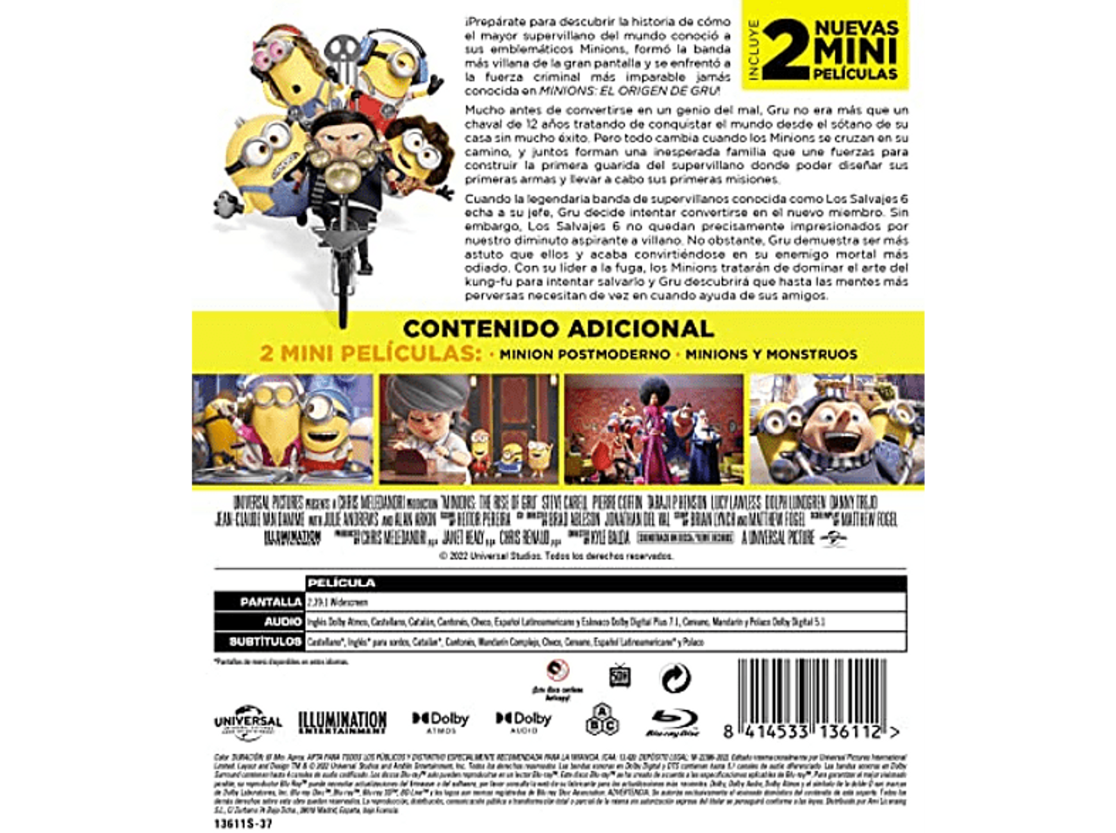 Funda de disco Blu-ray. Película de los Minions. Personajes animados con texto en español e inglés.