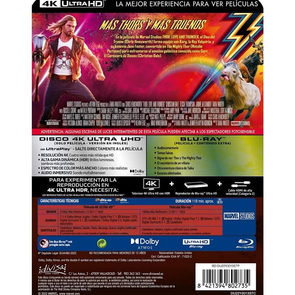 Portada de Blu-ray de Thor: Love and Thunder, con Thor, otros personajes y una cabra con fondo de cielo azul.