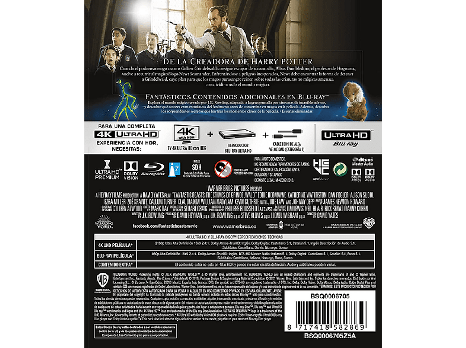Parte trasera de una caja de Blu-ray con texto en español sobre Animales Fantásticos, 4K y audio Dolby.