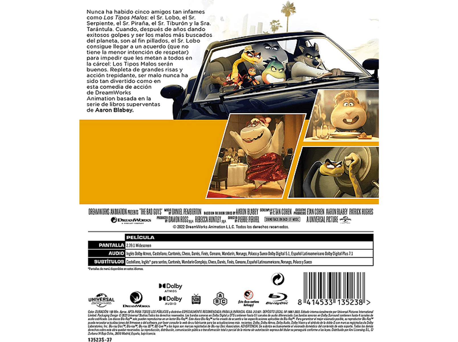 Portada de la película: Los personajes de The Bad Guys en un coche, texto y detalles.