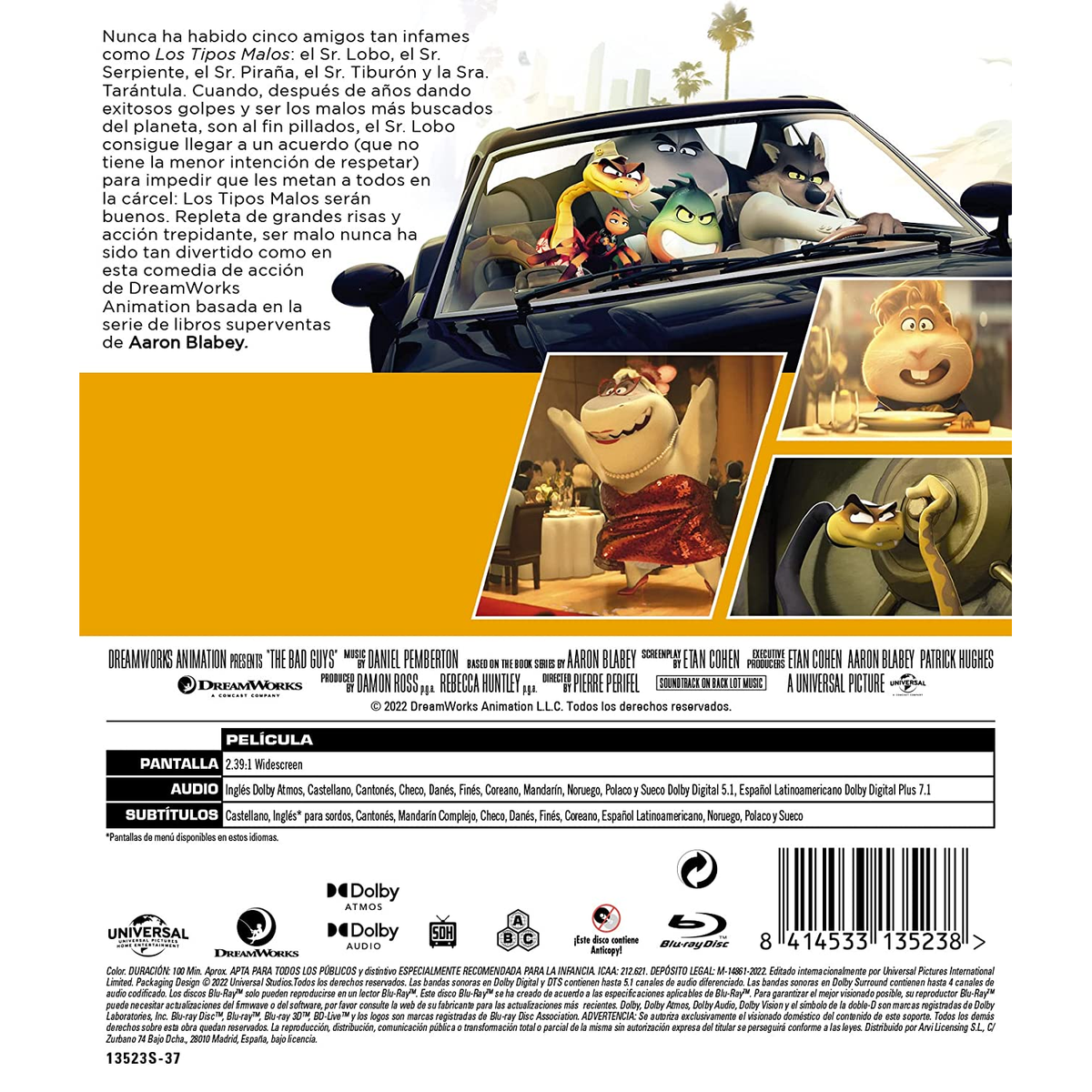 Parte trasera del DVD 'Los Tipos Malos'. Muestra personajes en un coche con elementos animados.