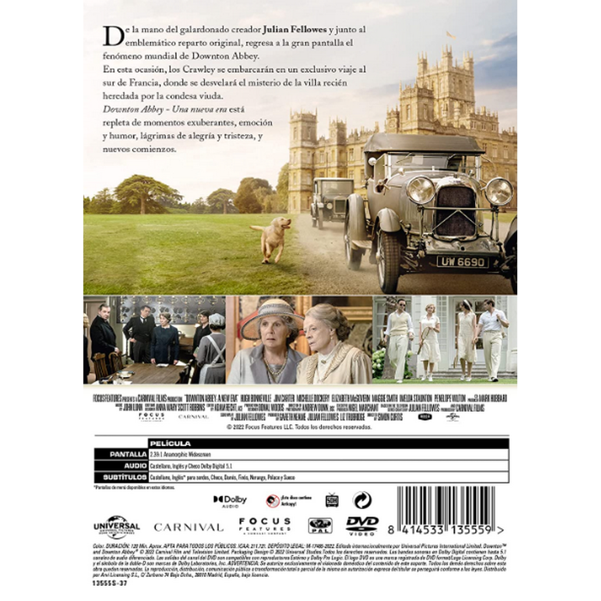 Contraportada de un Blu-ray de Downton Abbey: Una nueva era. Presenta imágenes de la película y detalles de texto.