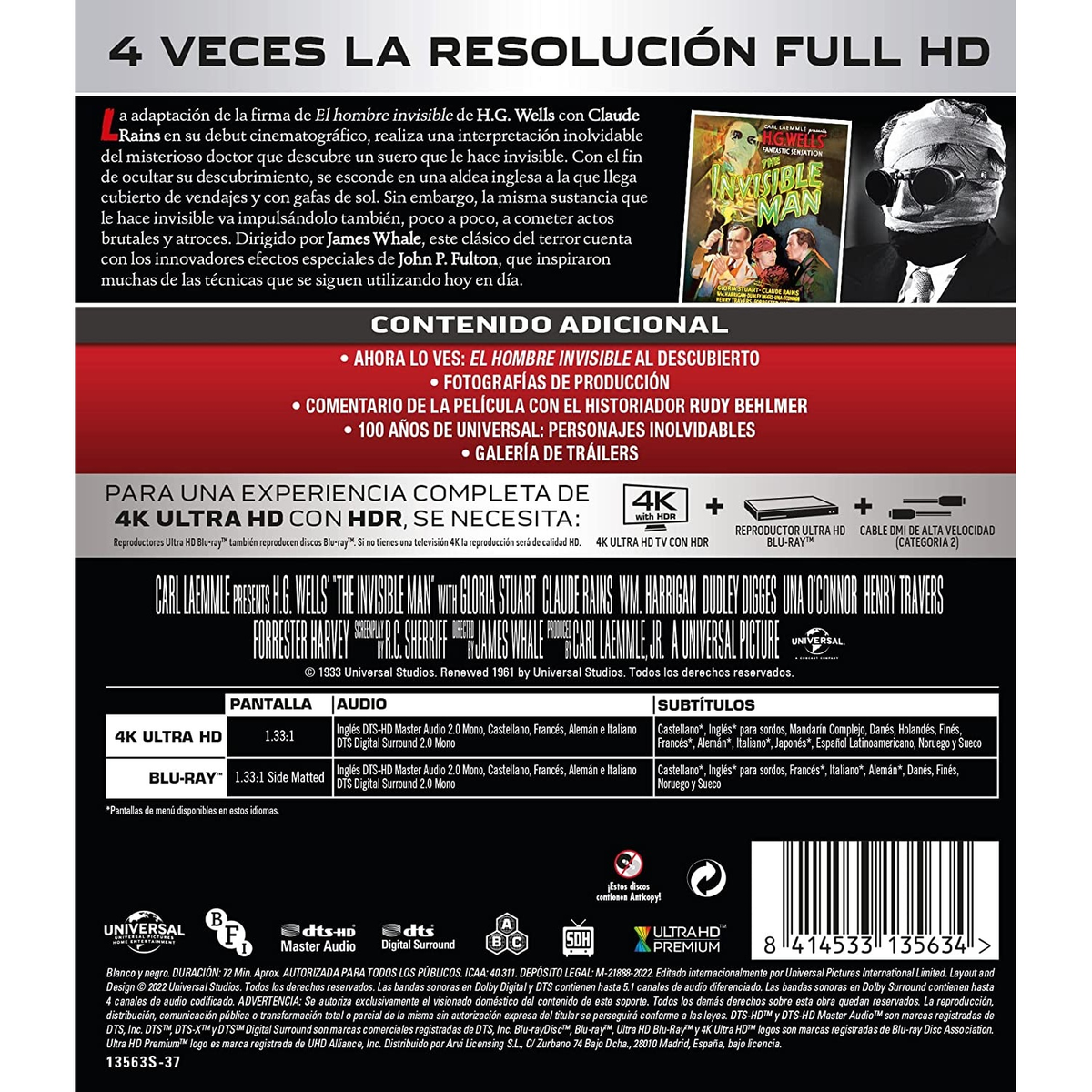La parte trasera de una carátula de película de The Invisible Man. Hay texto en varios idiomas e imágenes.