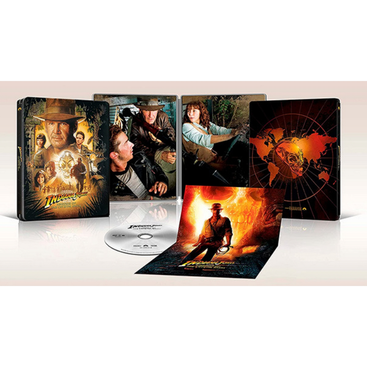 Set steelbook de Indiana Jones. Contiene un DVD y múltiples imágenes de los personajes principales.