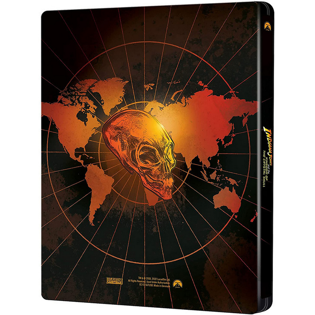 Portada de Indiana Jones Skull. Mapa mundial y calavera en fondo negro.