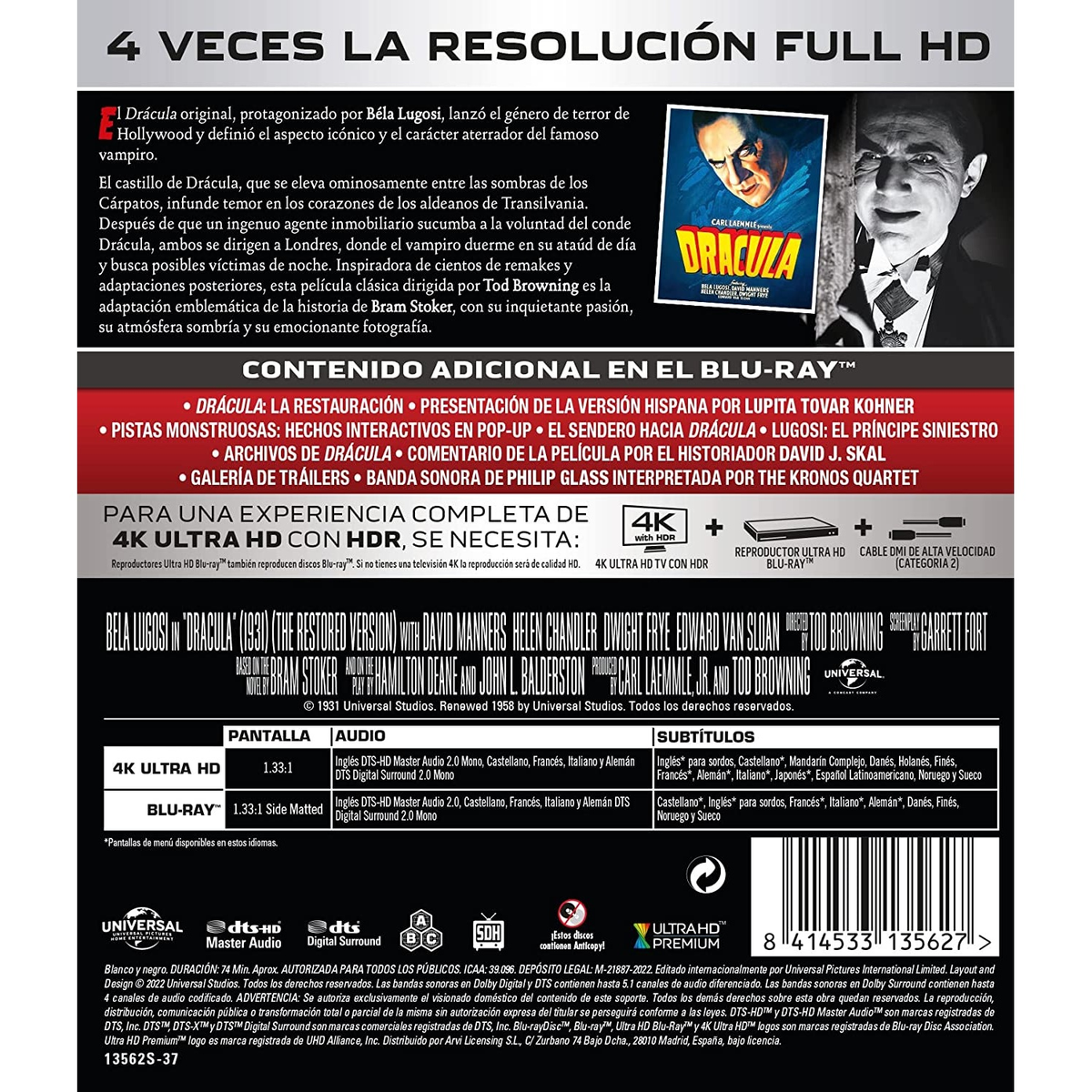 Portada de la película Drácula. Una imagen en blanco y negro de un hombre sobre fondo negro con texto.