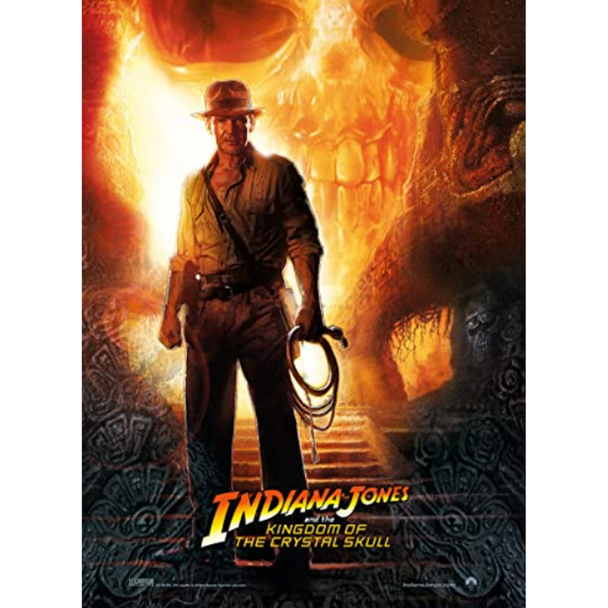 Póster de la película de Indiana Jones. Harrison Ford sostiene un látigo, con un fondo lleno de calaveras.