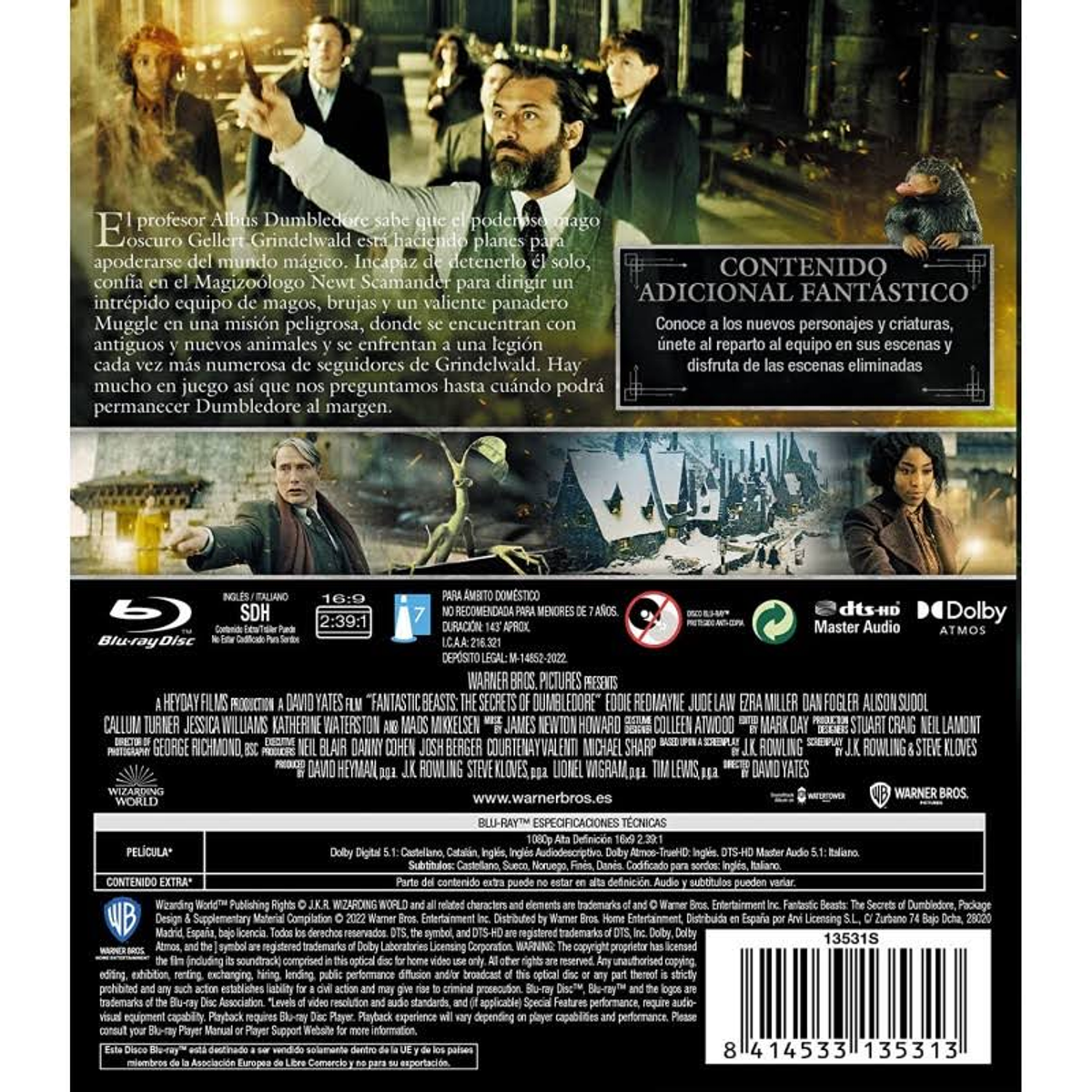 Contraportada Blu-ray de 'Animales Fantásticos: Los Secretos de Dumbledore' con elenco y detalles.