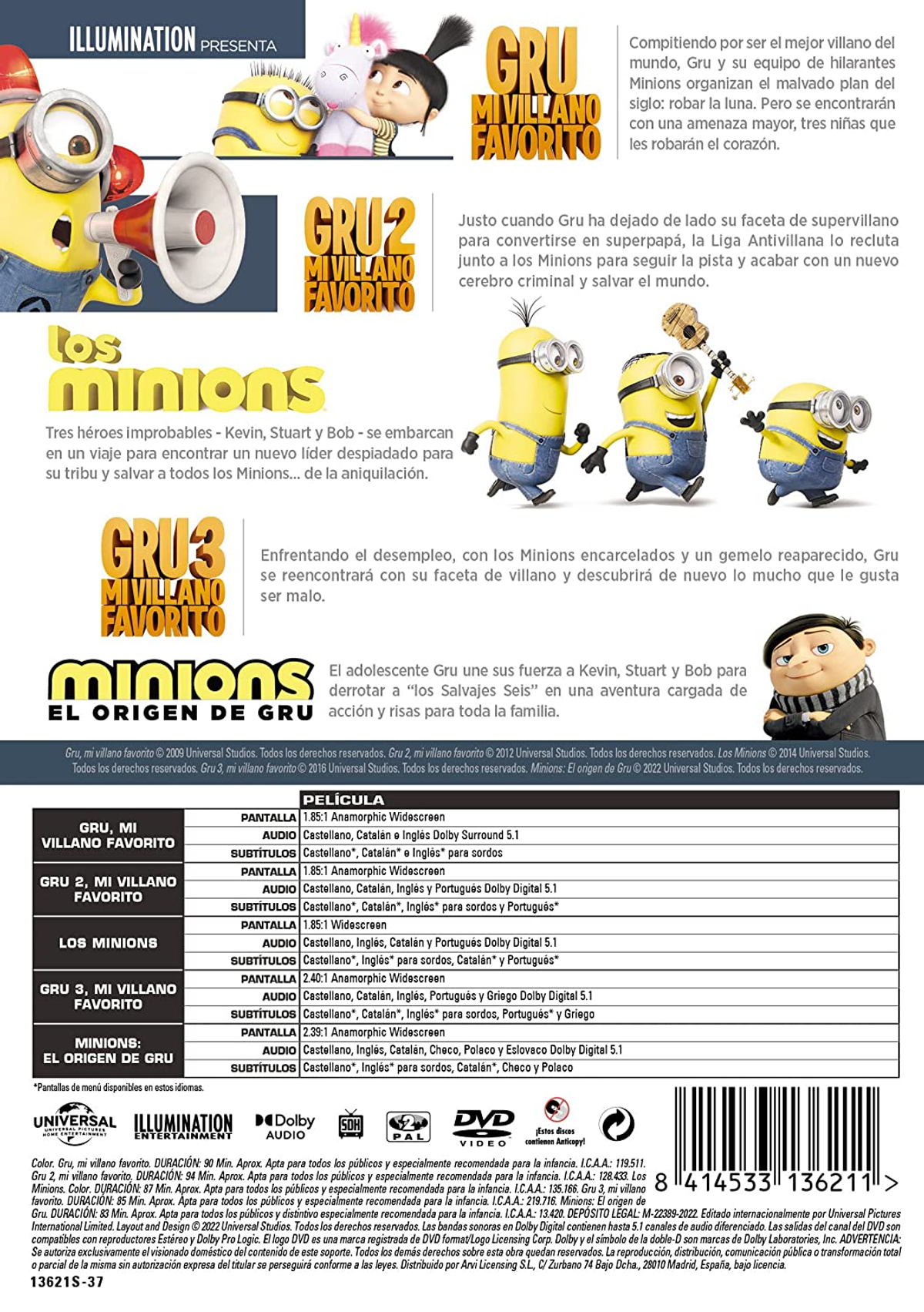 Portada del DVD de la película Minions. Personajes de dibujos animados y texto.