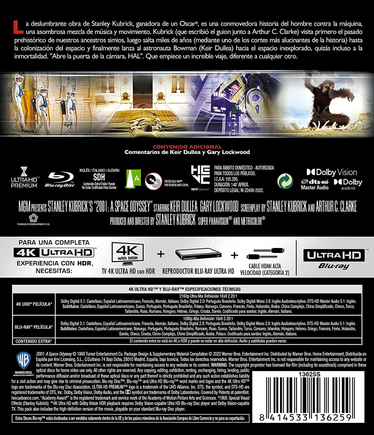 Contraportada de un Blu-ray de 2001: Una odisea del espacio con texto e imágenes.