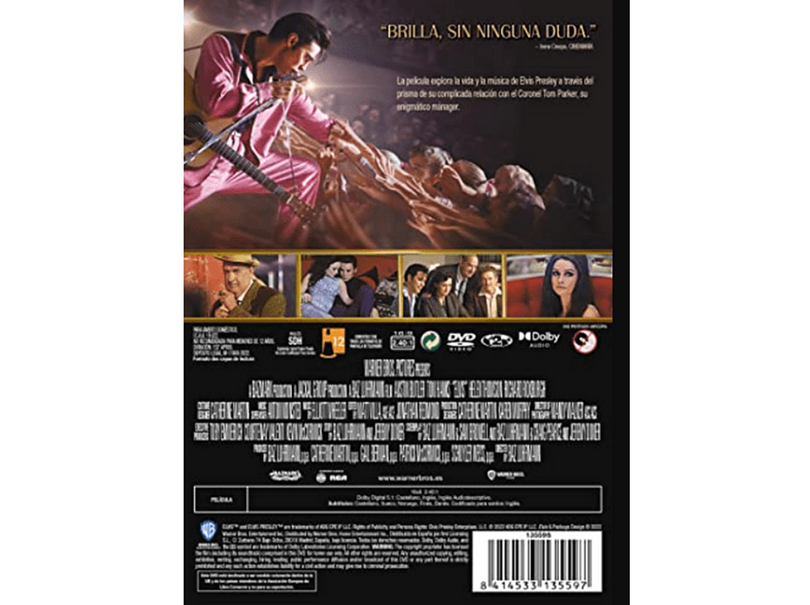 Parte trasera de la caja de DVD de Elvis, Elvis rosa con guitarra, texto en español.