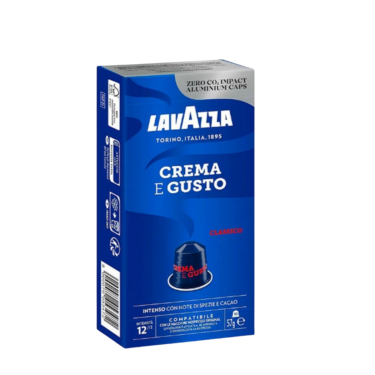 Capsule caffè Lavazza Crema e Gusto, blu, con immagine capsula caffè.