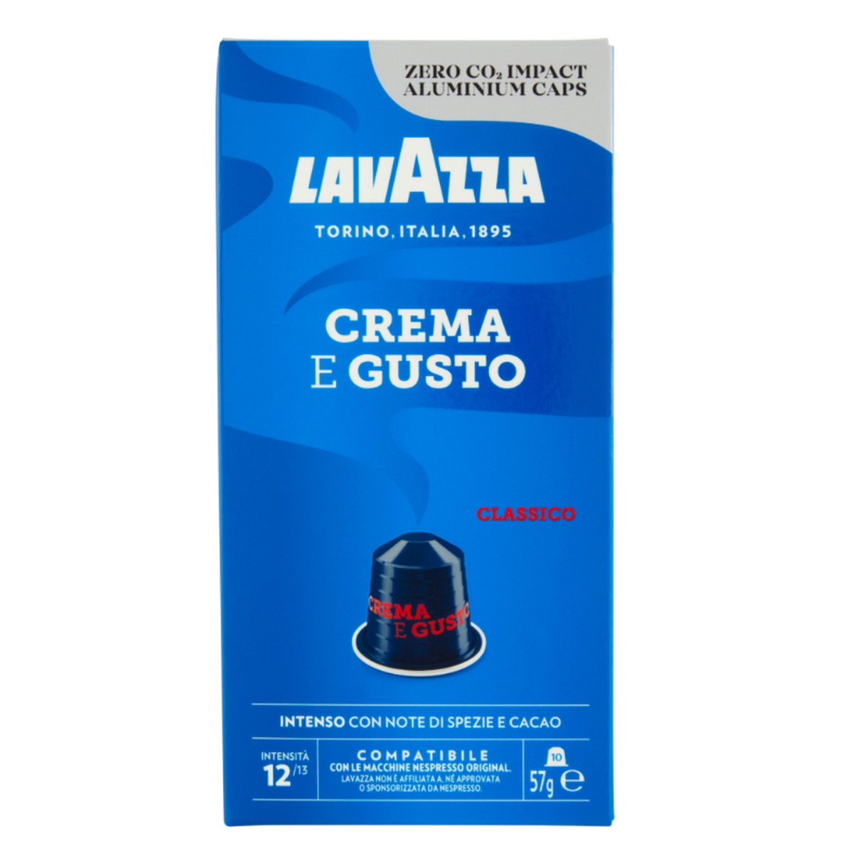 Capsule caffè Lavazza Crema e Gusto, confezione da 10, intenso con note speziate e cacao.