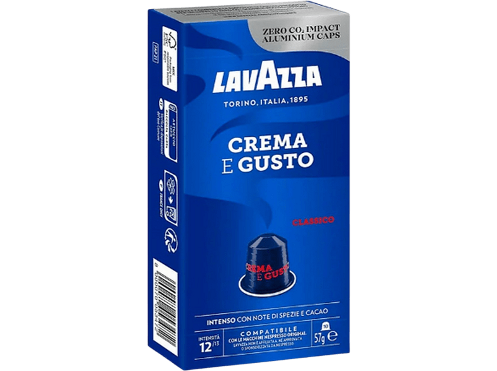Capsule caffè Lavazza Crema e Gusto, blu, con immagine capsula caffè.