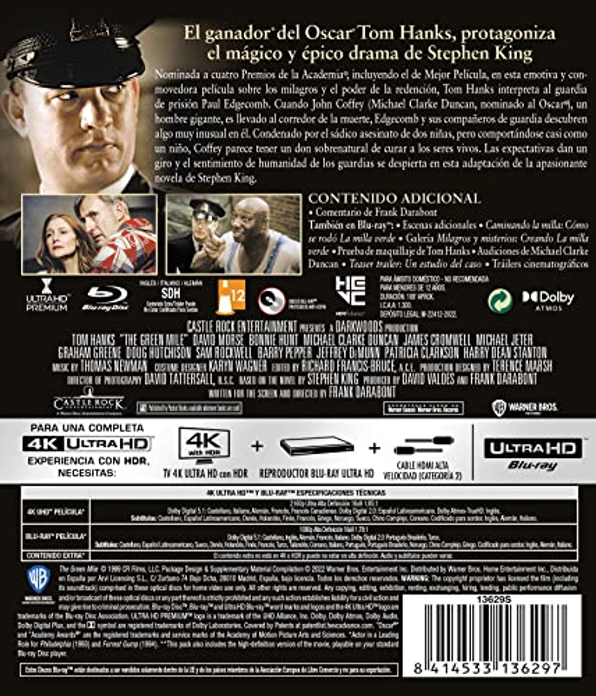 Contraportada de Blu-ray de 'The Green Mile', con detalles de la película, reparto y arte de la portada. Incluye logos Ultra HD y Blu-ray.
