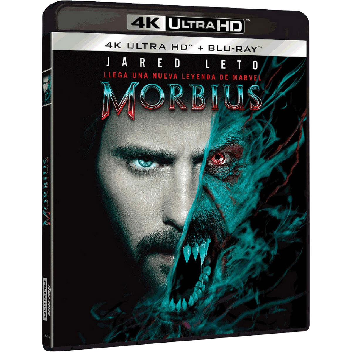 Portada de Morbius Blu-ray con Jared Leto. Mitad de la cara normal, la otra vampírica.