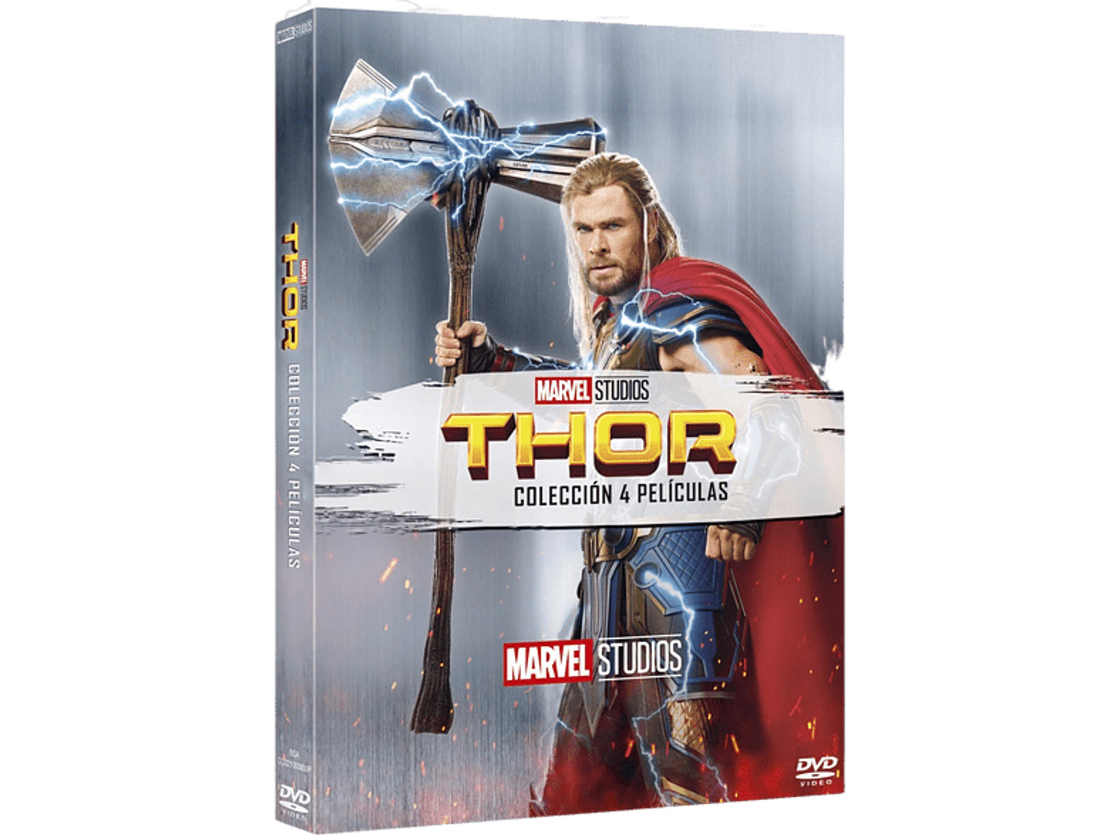 Portada de DVD con Thor sosteniendo un martillo, título "THOR" en rojo, con relámpagos. Fondo rojo.