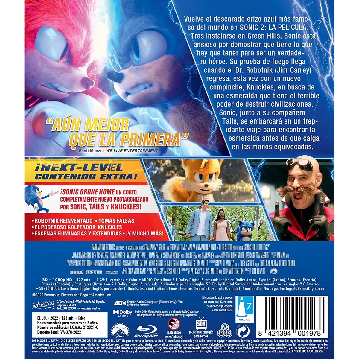Portada de DVD de Sonic the Hedgehog 2. Sonic y Tails están presentes. Texto en español en la parte inferior.