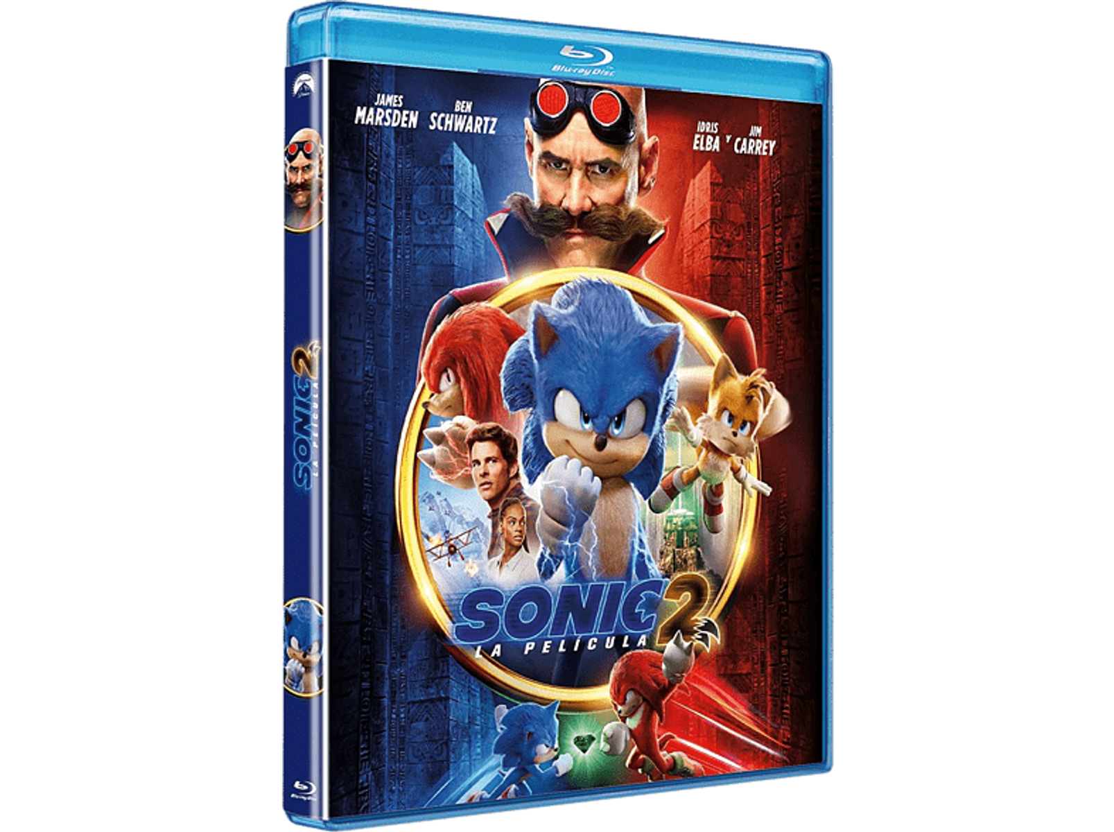 Portada de Blu-ray de 'Sonic 2' con Sonic, Tails, Knuckles y Dr. Robotnik.