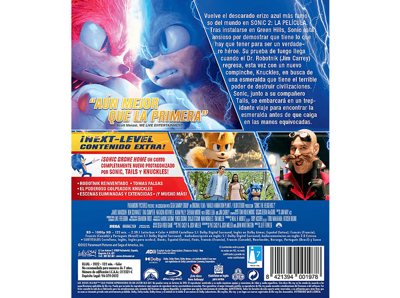 Contraportada del DVD de Sonic the Hedgehog 2. Se muestran Sonic, Tails y Dr. Robotnik.