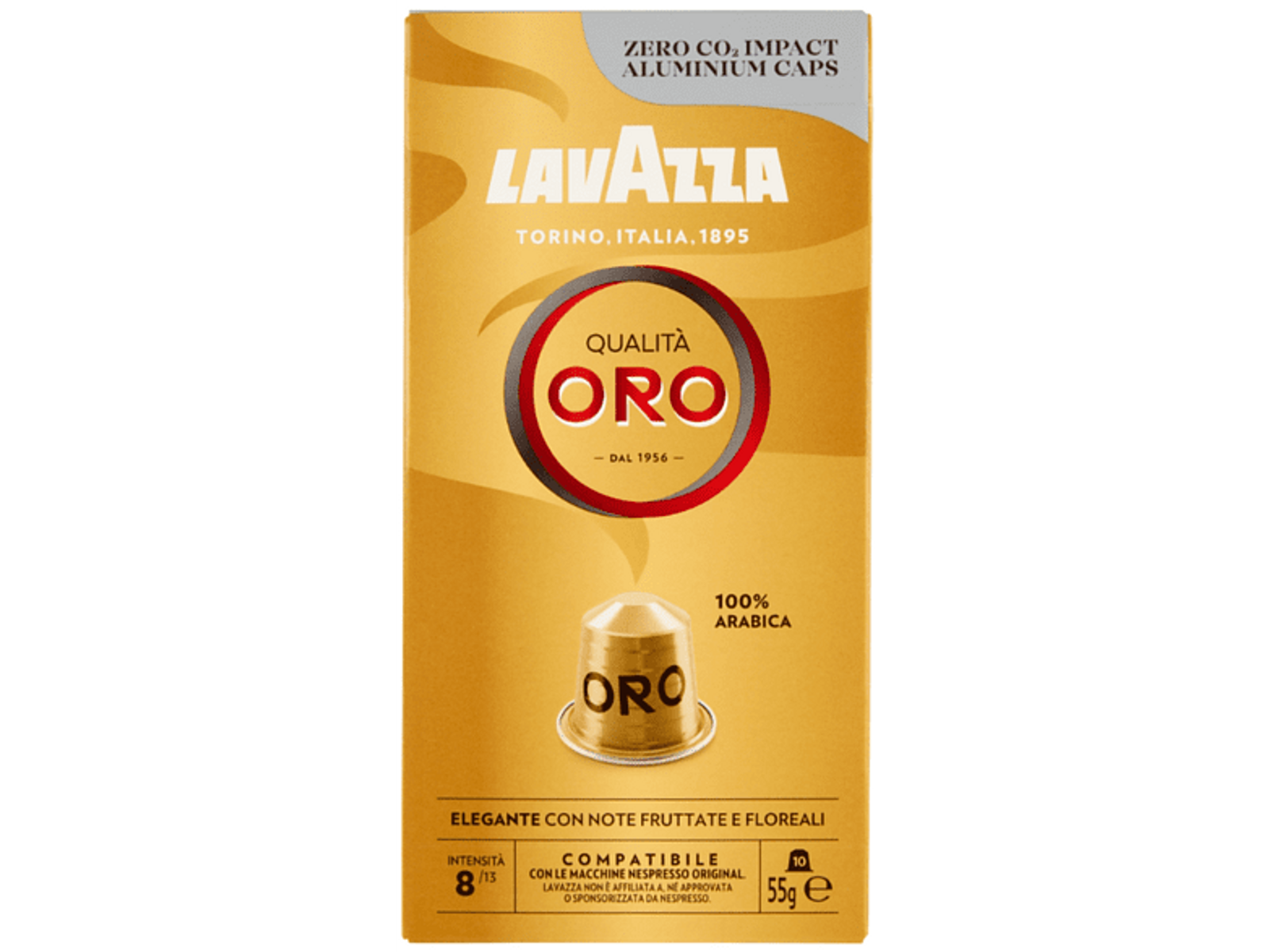 Confezione dorata Lavazza con capsula di caffè e informazioni.