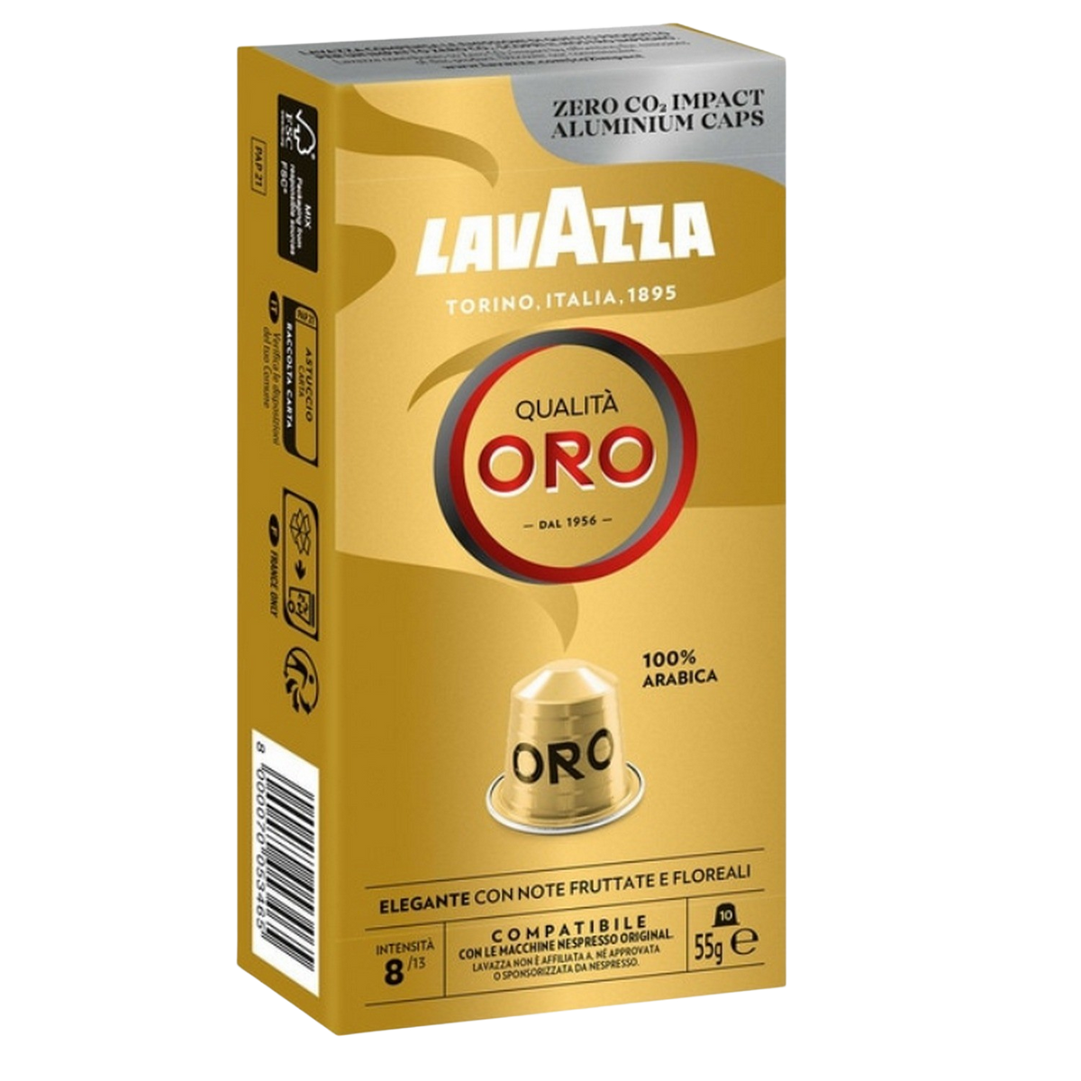 Capsule caffè Lavazza Qualità Oro in scatola dorata con immagine capsula.