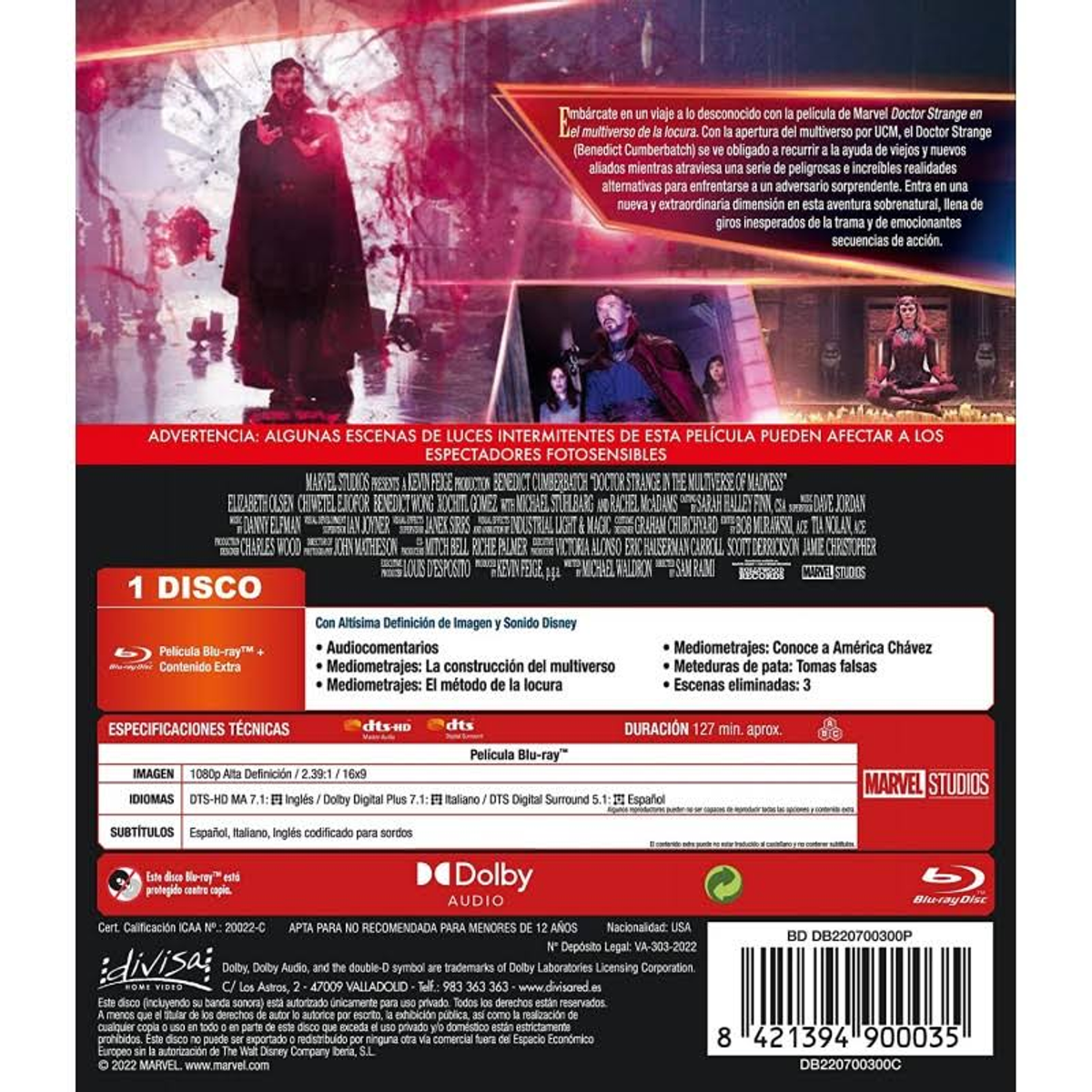 Parte trasera de Blu-ray de Doctor Strange, con texto en español e imágenes.