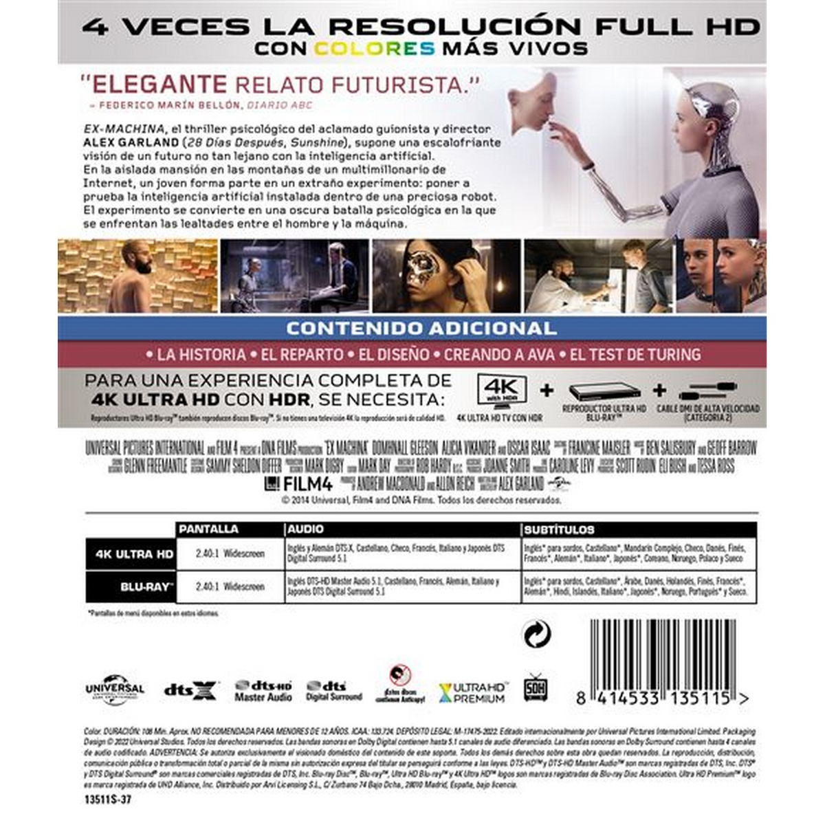 Contraportada de una película con imágenes y texto en español, promocionando 4K Ultra HD.