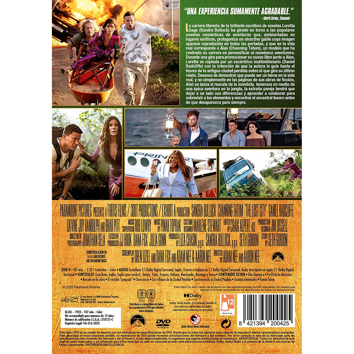 Parte trasera de una caja de DVD con muchas personas, texto en español. El fondo muestra coches, ciudad y fuego.