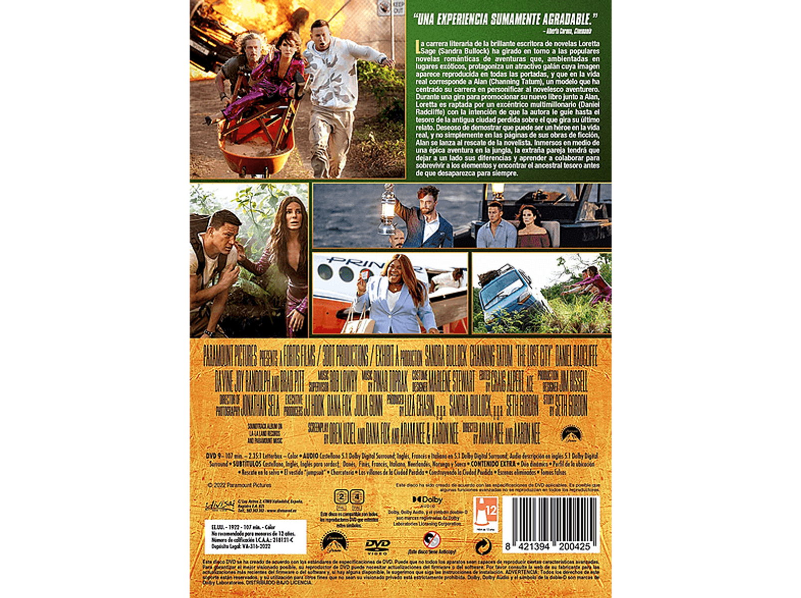 Parte trasera de la caja del DVD de la película 'La ciudad perdida', con imágenes del reparto y un resumen.