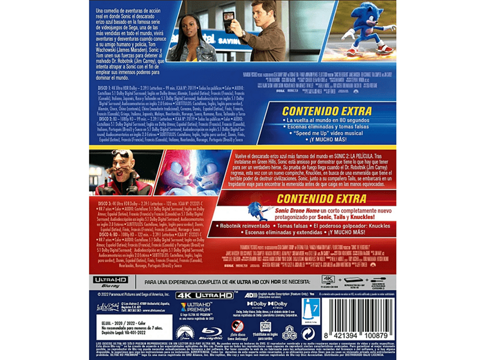 Portada de Blu-ray de película. Sonic y Tails corriendo, con texto y logotipos. Fondo: una escena de la película.