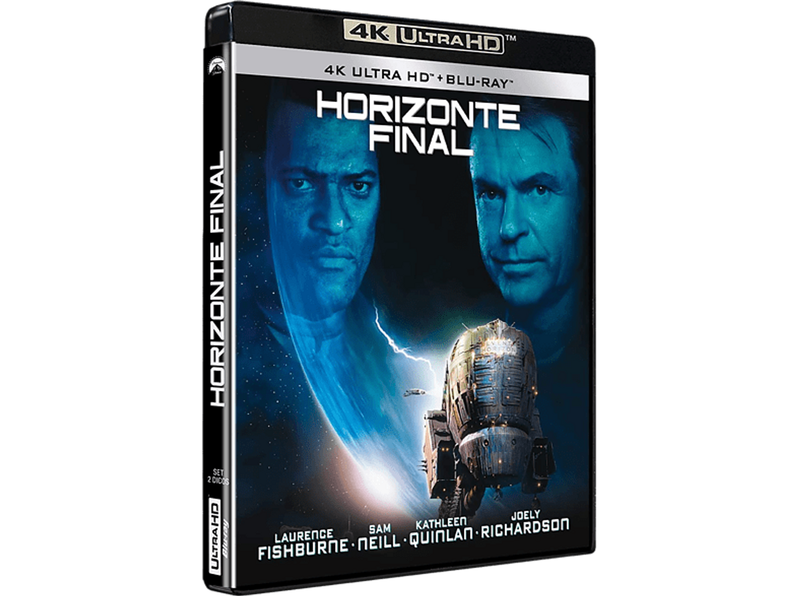 Portada de película con dos hombres frente a una nave espacial.