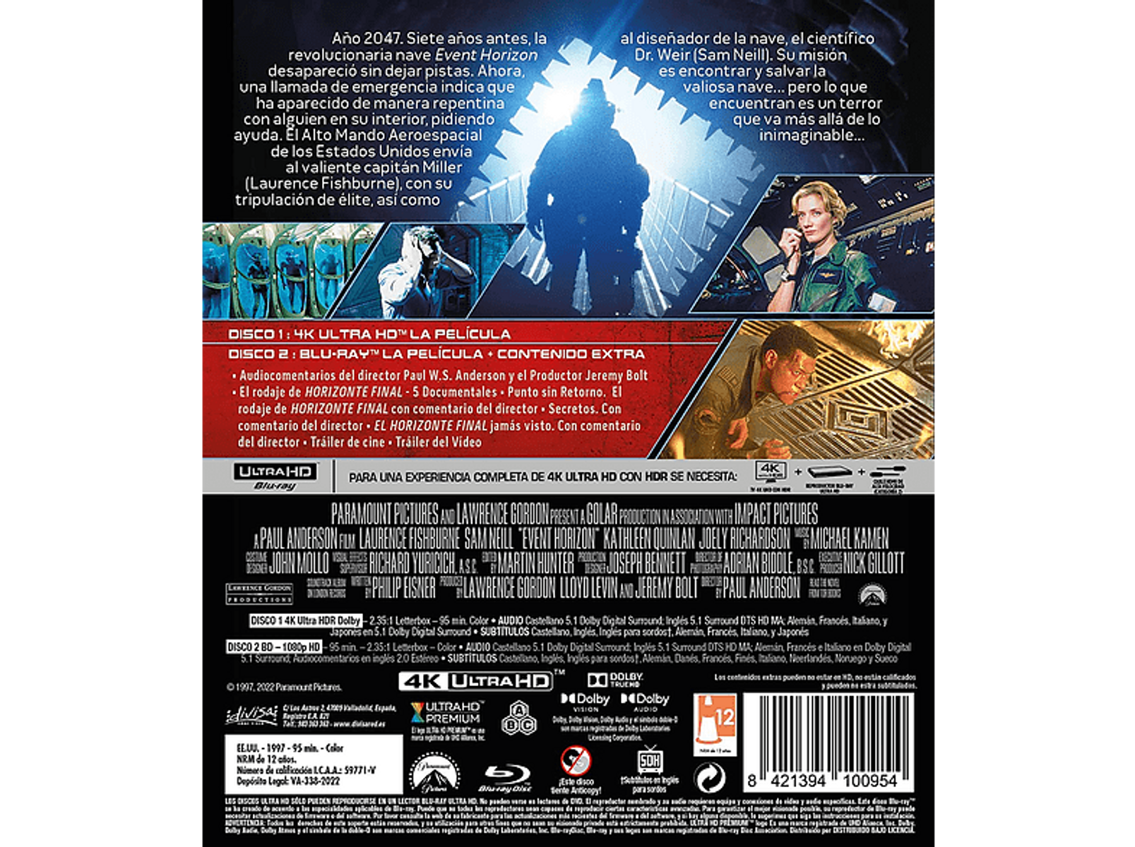 Parte trasera de un Blu-ray, con texto sobre la película y los actores, imágenes promocionales y datos.