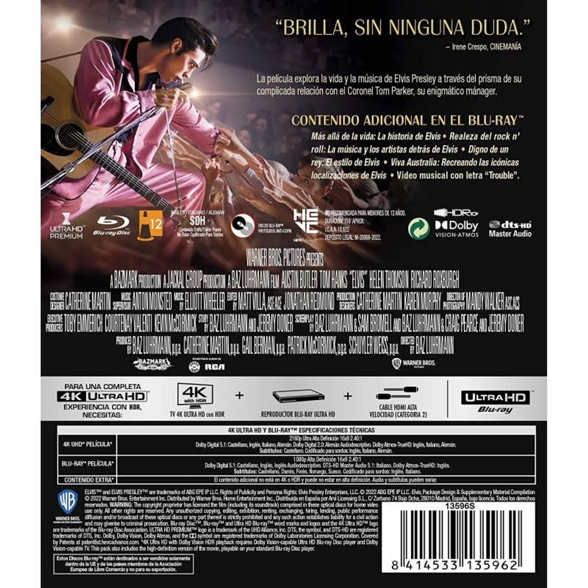 Parte trasera de la caja de Blu-ray. Presenta a Elvis, texto e imágenes de una película.