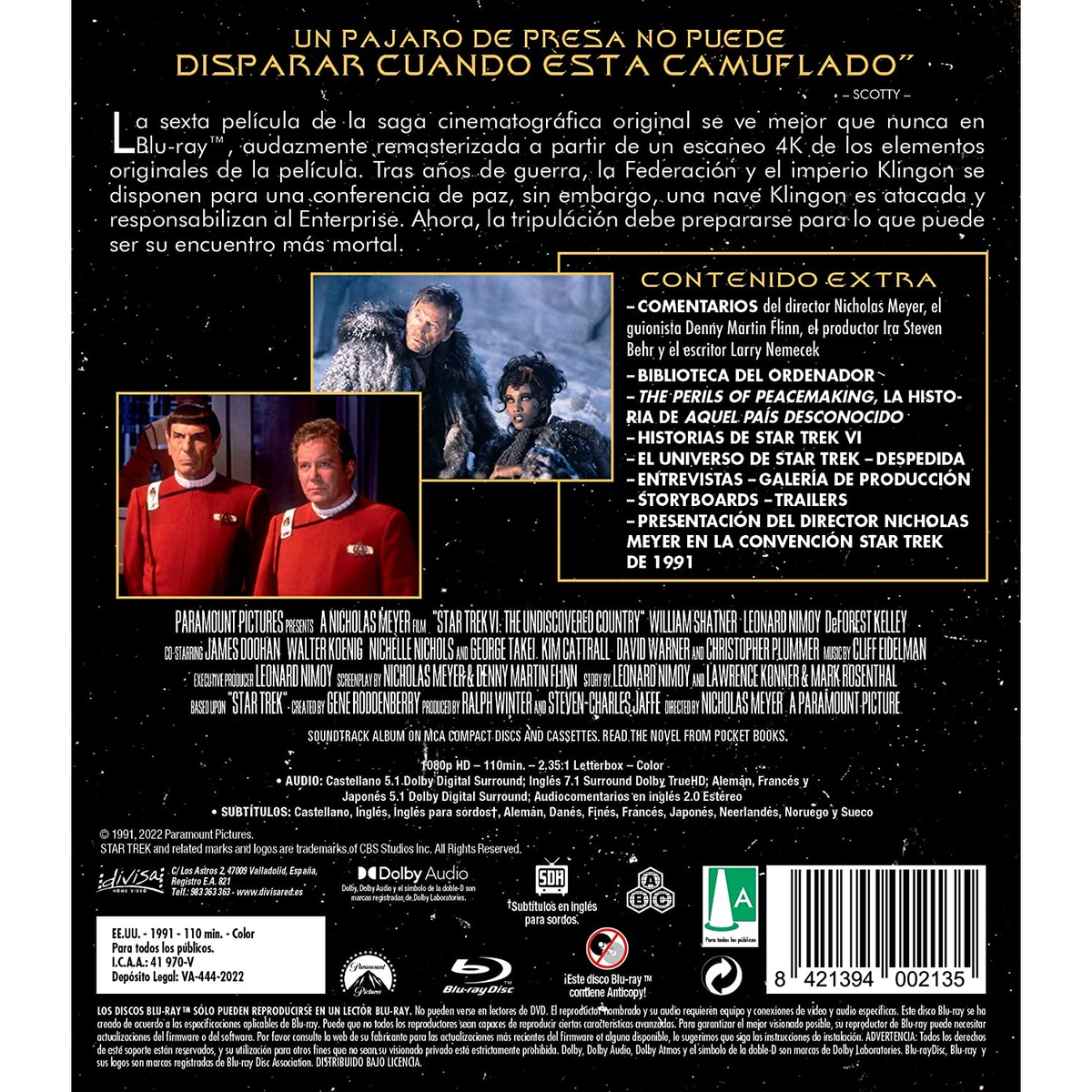 Contraportada de una caja de DVD con actores y una nave espacial. El fondo es blanco.