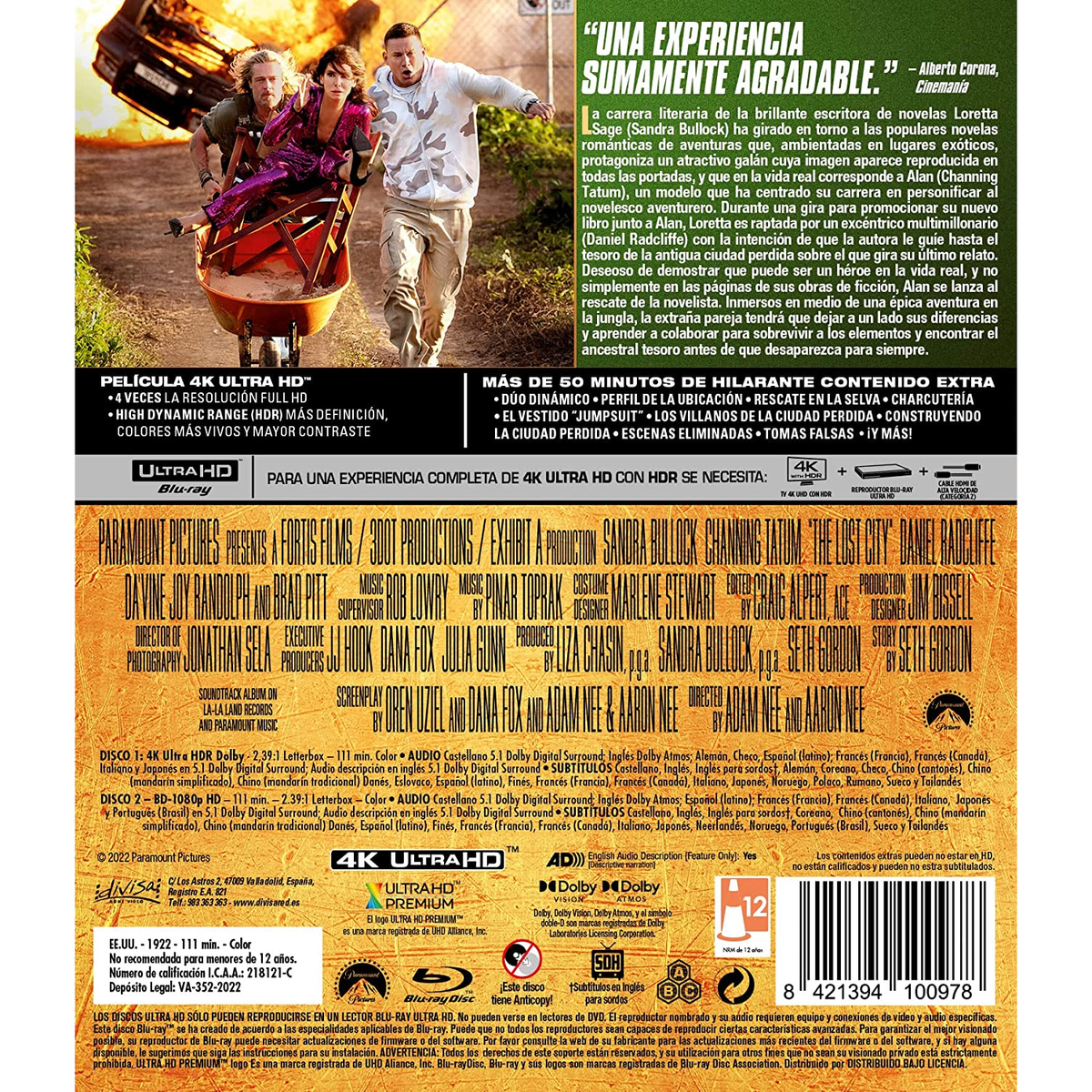 Parte trasera de un estuche Blu-ray. Gente con una carretilla. Título: The Lost City. Reparto y créditos listados.