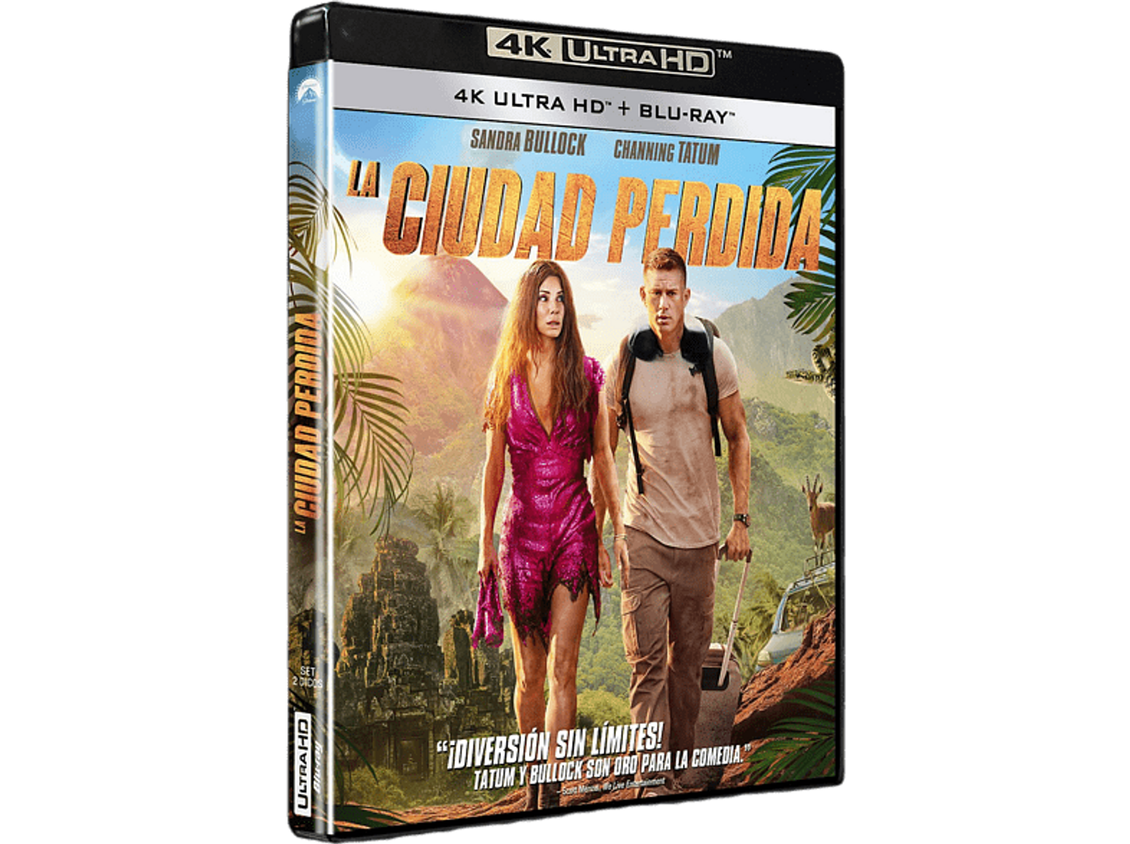 Portada de DVD de The Lost City con Sandra Bullock y Channing Tatum caminando en la jungla.