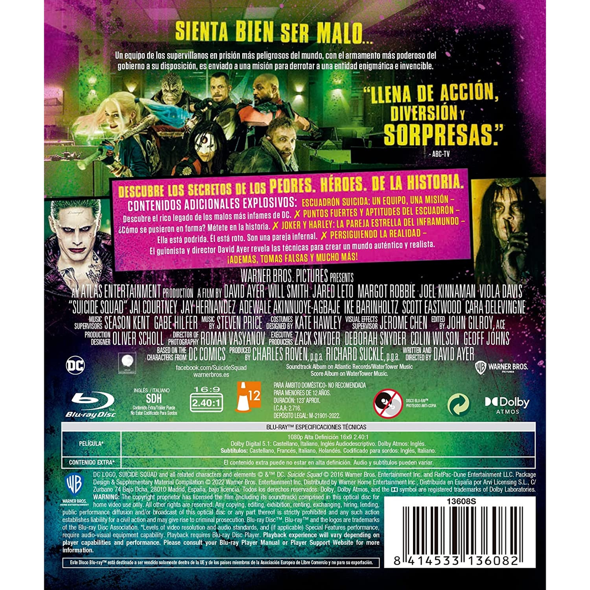 Parte trasera de la portada de Blu-ray de Suicide Squad, con detalles y texto en varios idiomas.