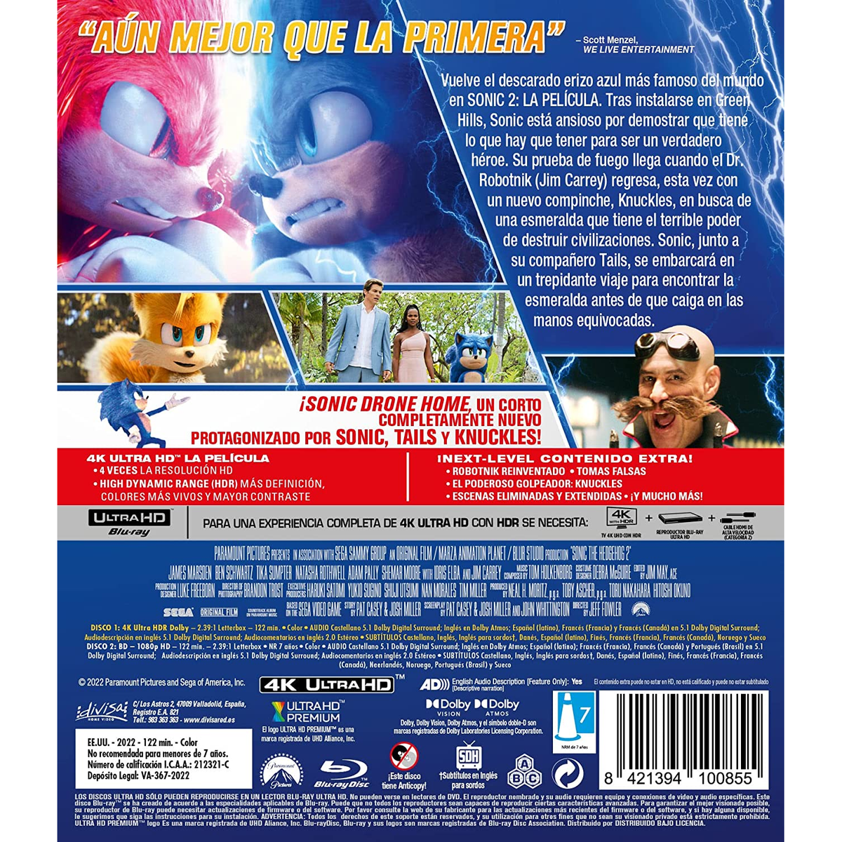 Parte trasera de la carátula de Blu-ray de 'Sonic 2'. Con Sonic y Tails, texto e imágenes.