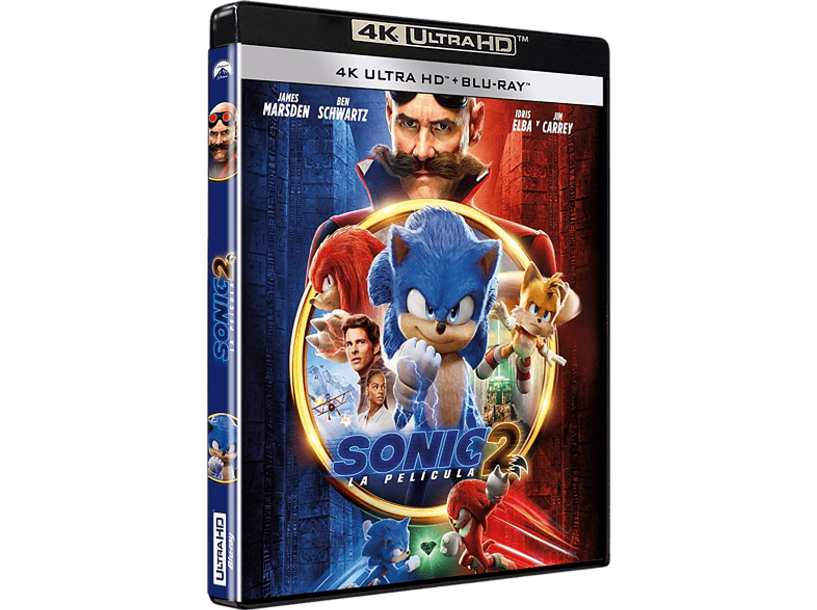 Portada de Blu-ray de Sonic 2. Sonic, Tails y Knuckles aparecen con otros personajes y texto.